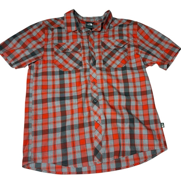 The North Face Orange and Gray Plaid Shirt snaps - Picture 1 of 6